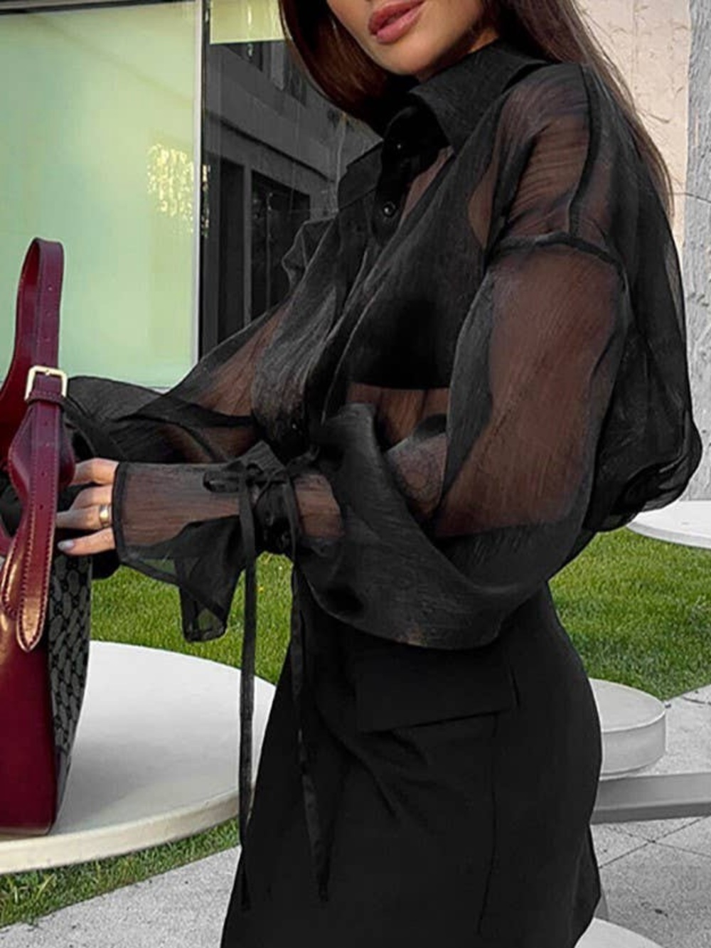 Sheer Black Button-Up Women's Blouse - Picture 2 of 8